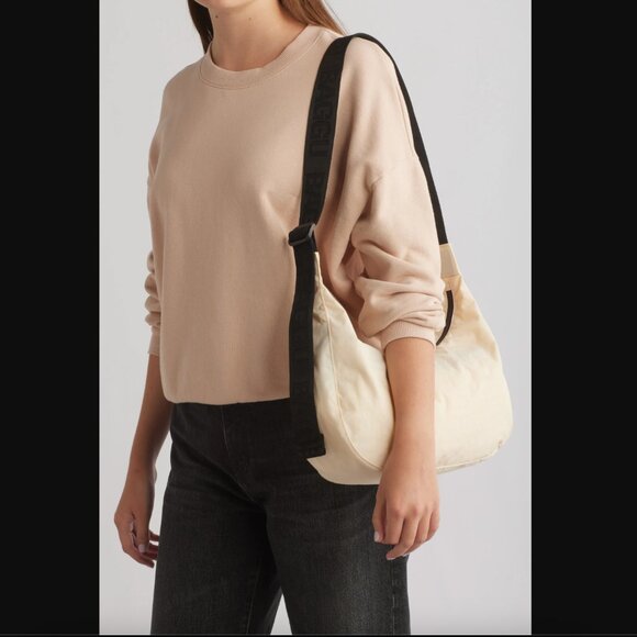 Baggu Medium Nylon Crescent Bag in Ivory with Black Adjustable Logo Strap - Picture 2 of 13